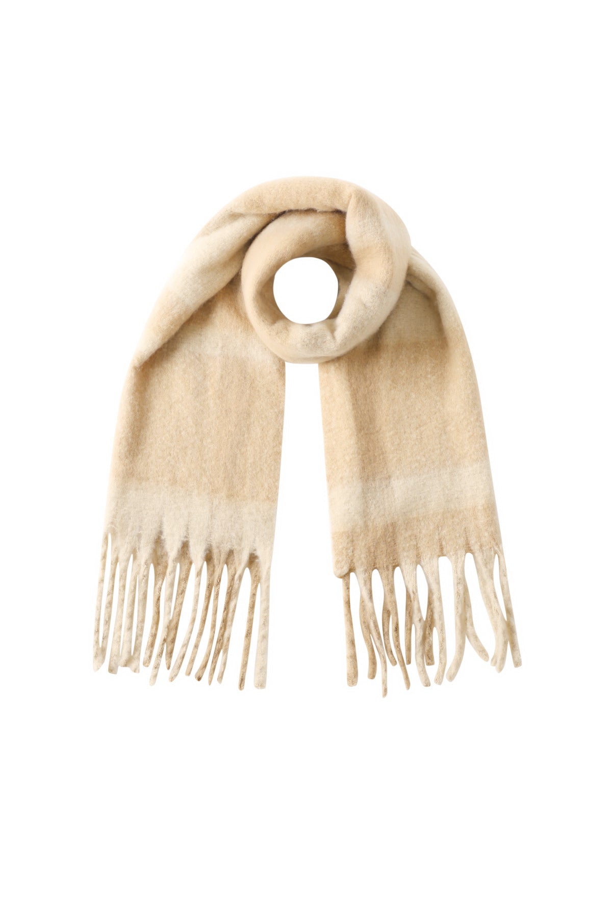 Beige Babe scarf with soft fringed edges displayed on a white background from Sorea Fashion.