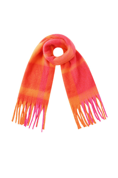 Red and orange gradient Babe scarf with soft fringed ends displayed on a white background from Sorea Fashion.
