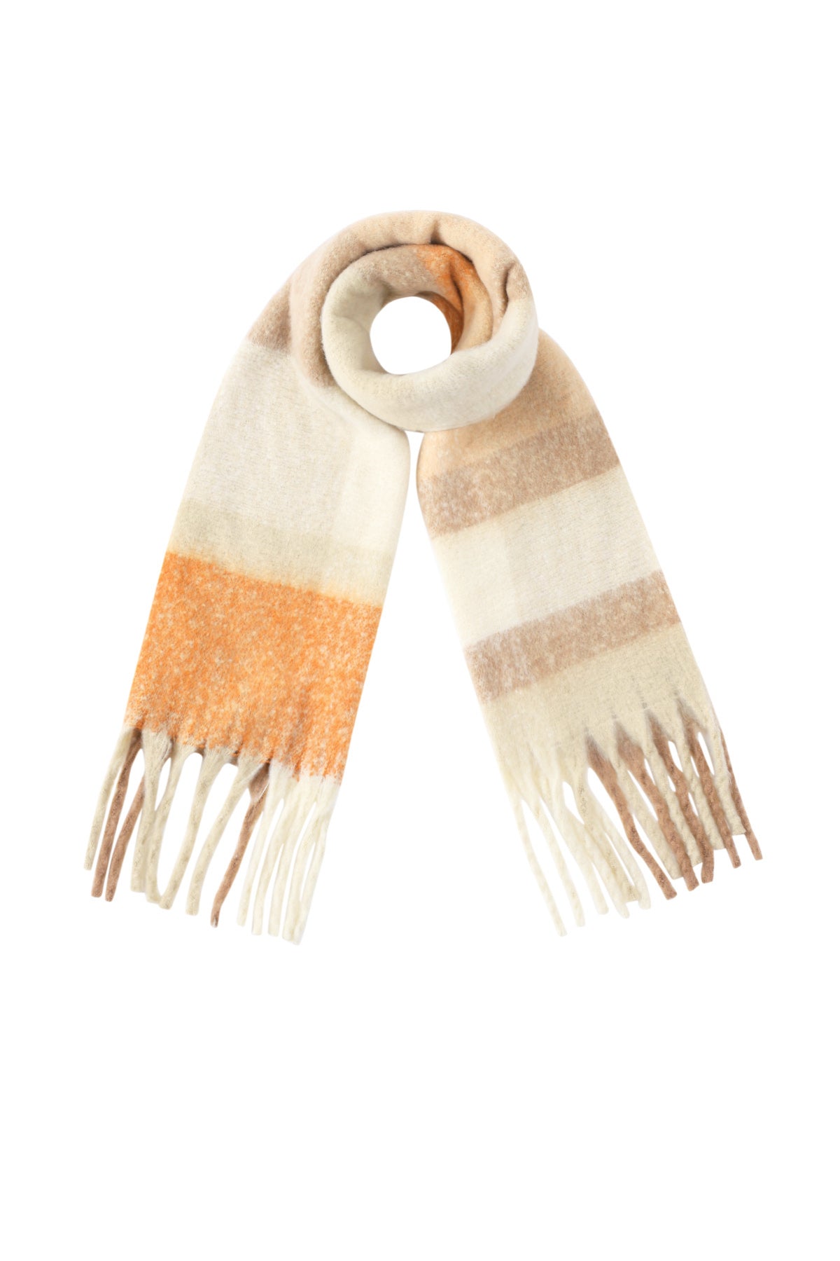 Beige and peach gradient Bria scarf with fringed ends shown on a white background from Sorea Fashion.