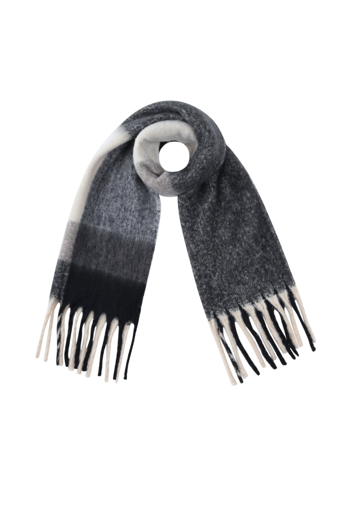 Black and white gradient Bria scarf with soft fringed edges displayed on a white background from Sorea Fashion.