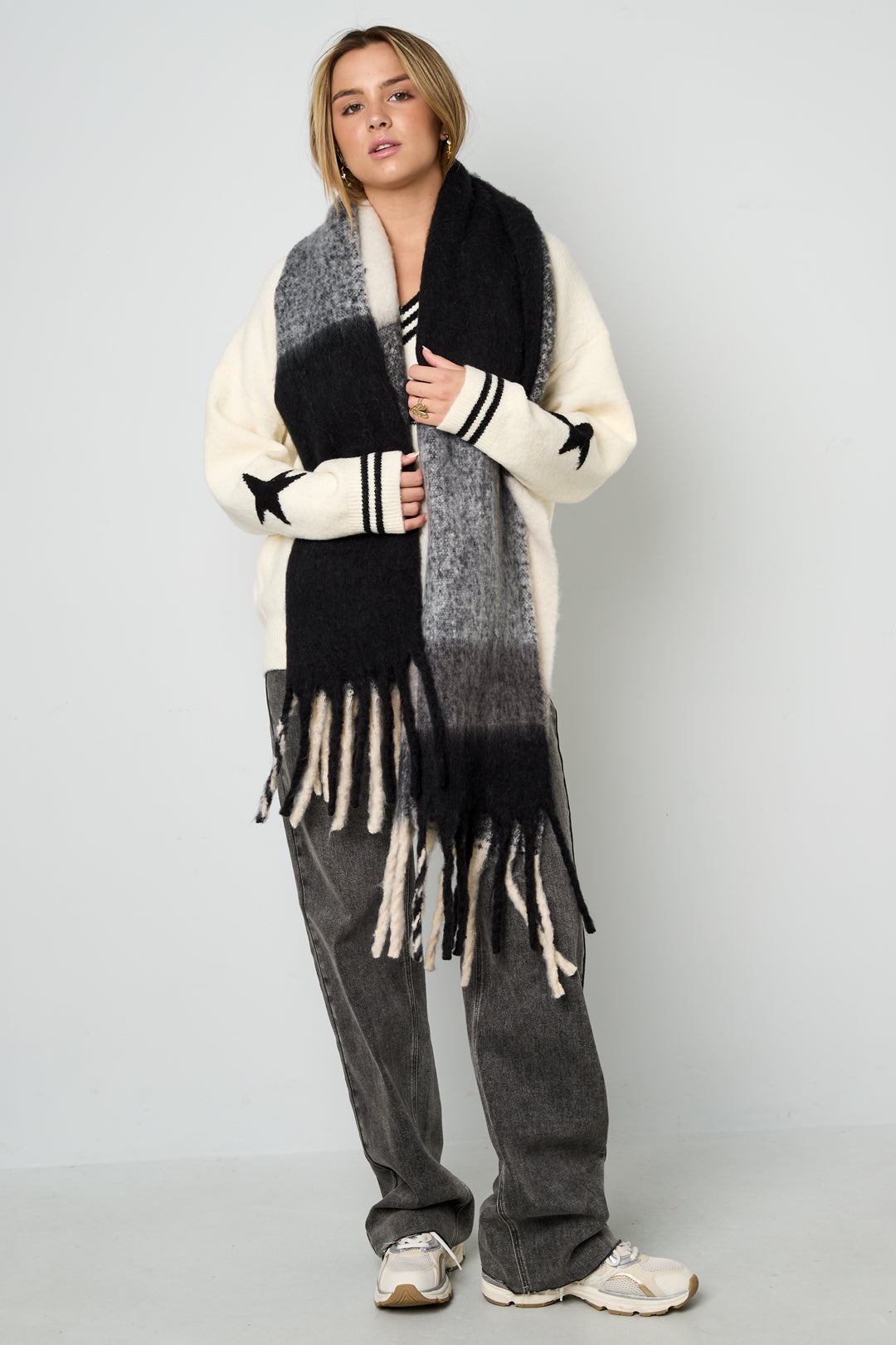 Black and white gradient Bria scarf with soft fringed edges styled in an everyday outfit from Sorea Fashion.