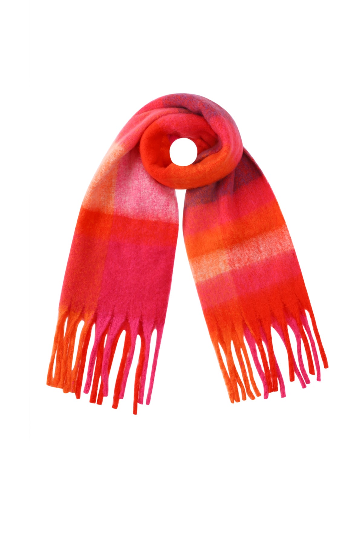 Red and pink gradient Bria scarf with soft fringe shown on a white background from Sorea Fashion.