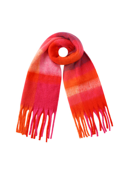 Red and pink gradient Bria scarf with soft fringe shown on a white background from Sorea Fashion.