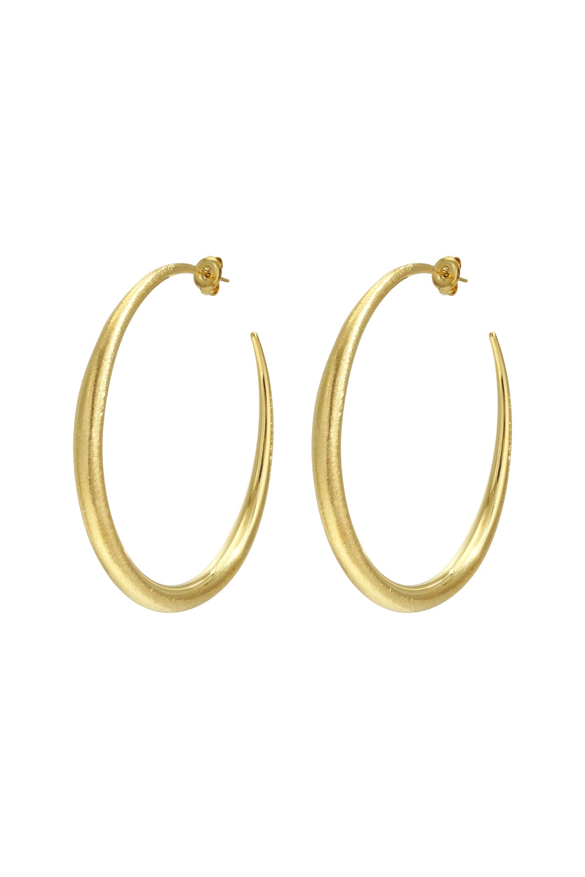 Gold classic hoop earrings with a polished oval shape displayed on a white background from Sorea Fashion.