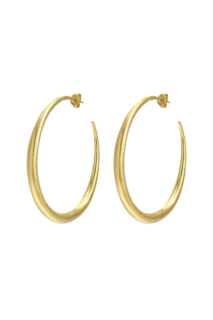 Gold classic hoop earrings with a polished oval shape displayed on a white background from Sorea Fashion.