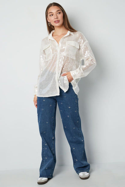 Slim fit Elys Jeans Sorea Fashion glitter heart jeans shown as a studio photo.