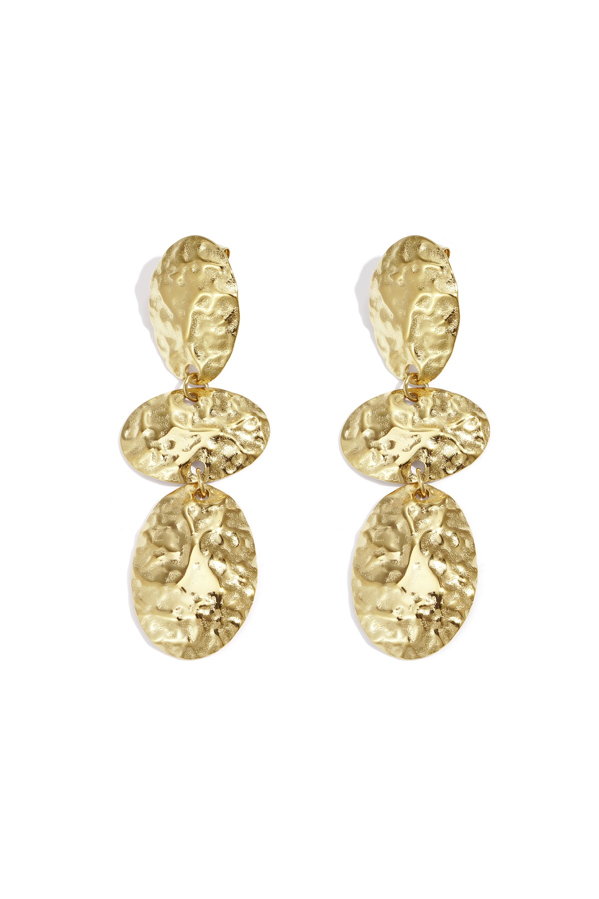 Gold Lune earrings featuring a double drop shape displayed on a white background from Sorea Fashion.