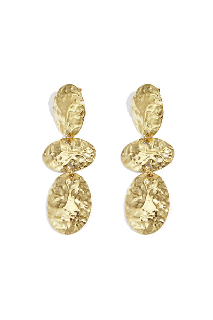 Gold Lune earrings featuring a double drop shape displayed on a white background from Sorea Fashion.