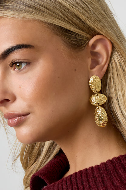 Gold Lune double drop earrings worn in the ear from Sorea Fashion.