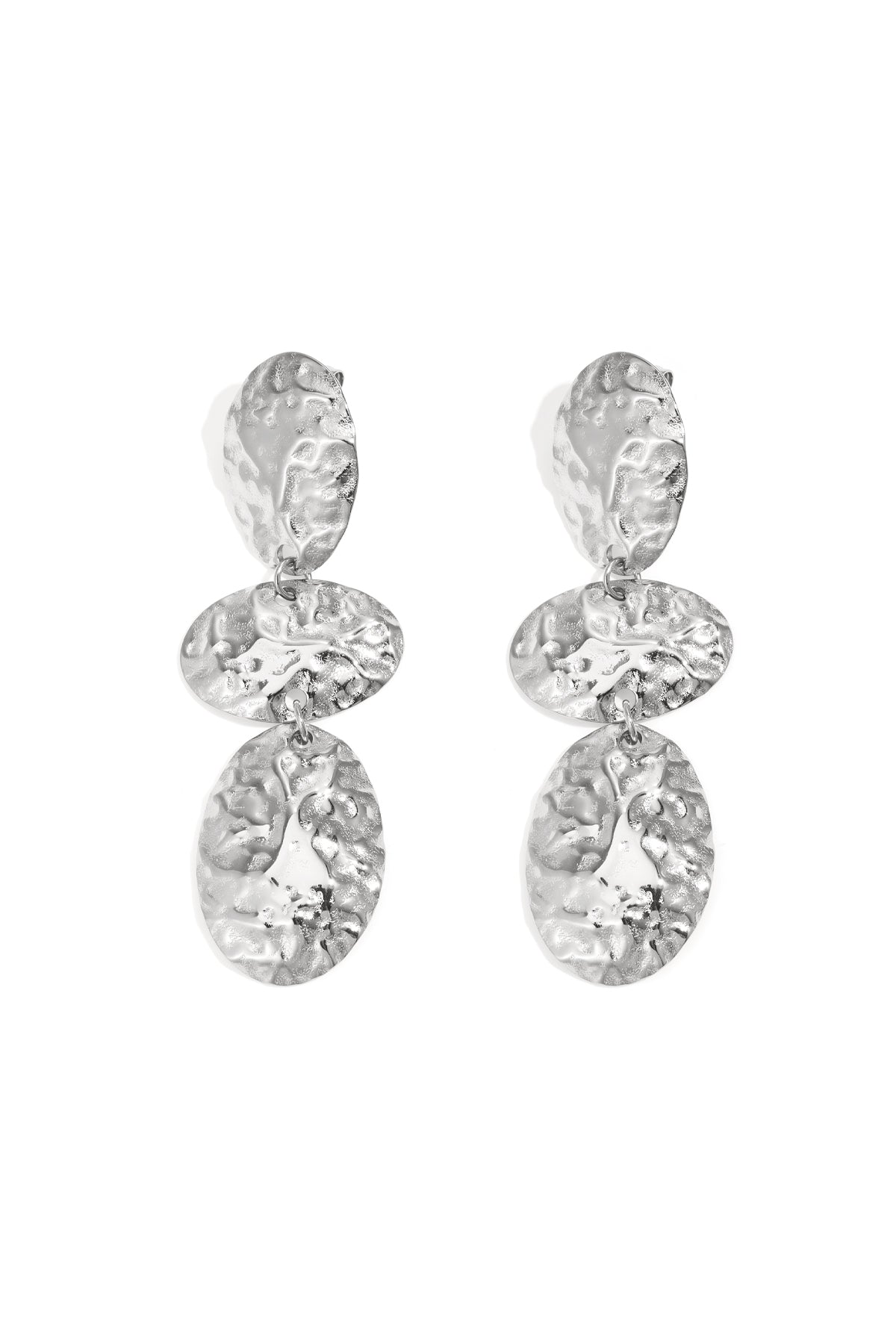 Silver Lune earrings with a double drop design displayed on a white background from Sorea Fashion.