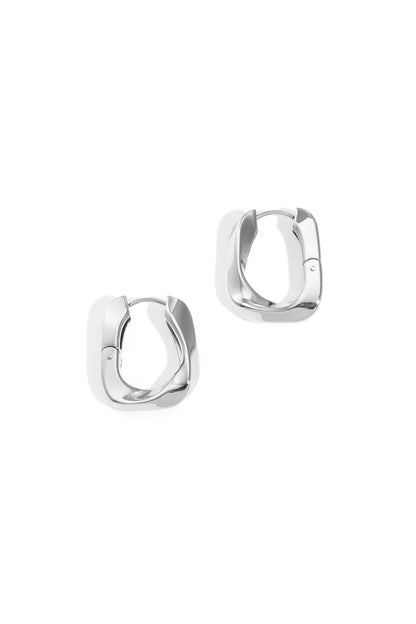 Silver Rhea earrings with a chunky squared hoop design displayed on a white background from Sorea Fashion.