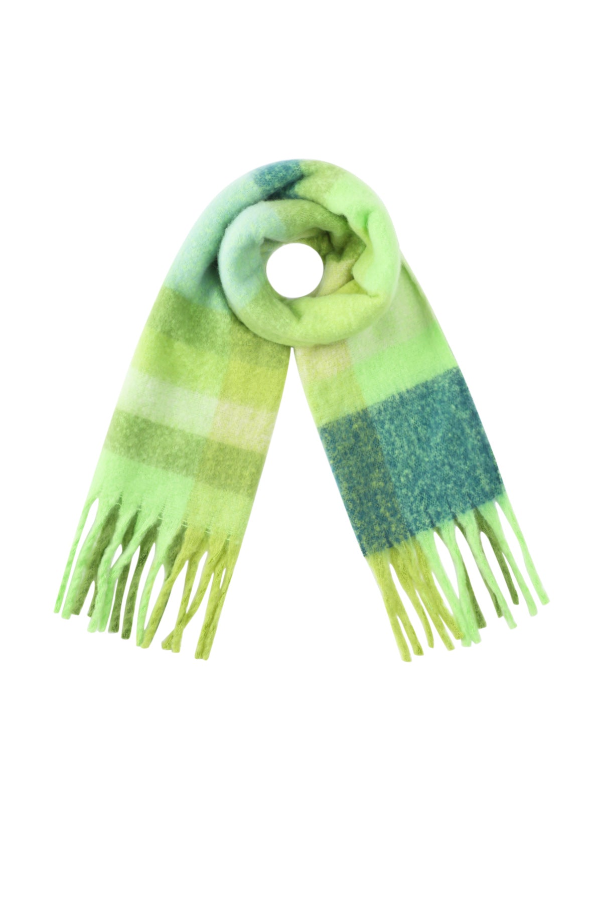 Green and light green gradient Wyn scarf with soft fringed edges displayed on a white background from Sorea Fashion.